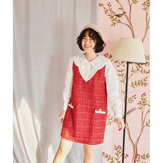 Bleubird váy dạ tweed đỏ phối trắng akira dress