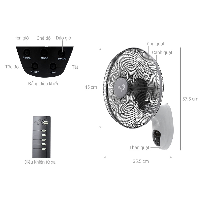 Quạt Treo Tường Asia  -3 Màu -Có Điều Khiển -Hàng Chính Hãng
