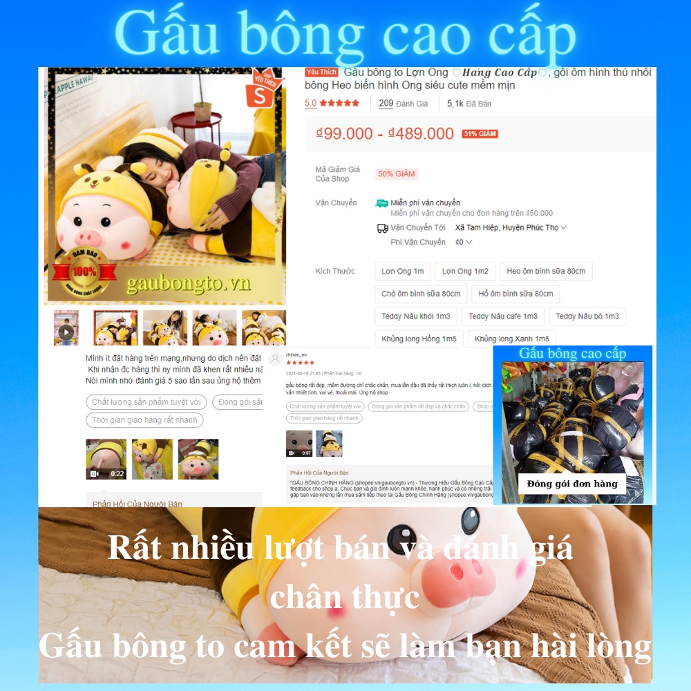 Gấu bông to Lợn Ong 🛡𝑯𝒂̀𝒏𝒈 𝑪𝒂𝒐 𝑪𝒂̂́𝒑🛡, gối ôm hình thú nhồi bông Heo biến hình Ong siêu cute mềm mịn