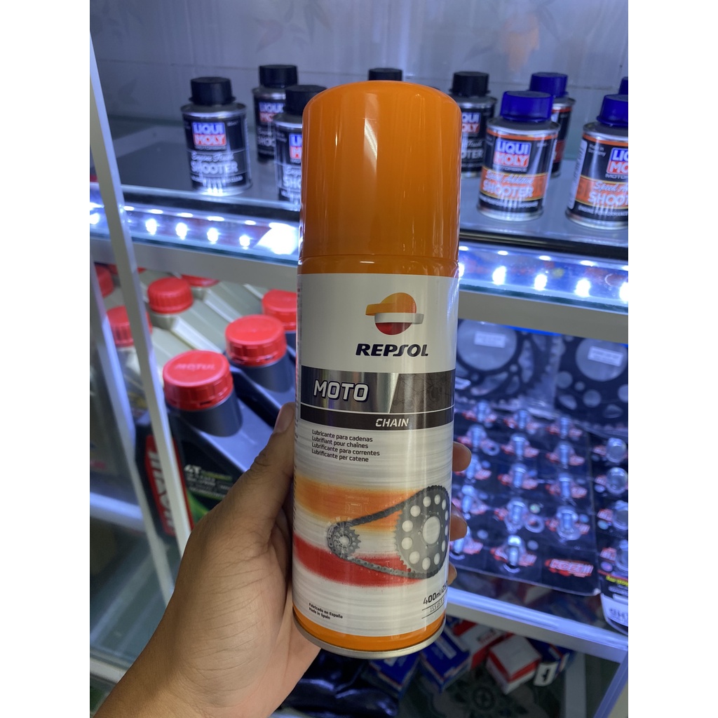 Dung dịch dưỡng xích, dưỡng sên, bôi trơn xích sên xe máy Repsol Chain Lube 400ml