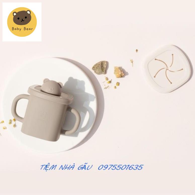 Cốc silicon 3in1 nắp gấu và nắp gài xoay cho bé tập uống nước, ăn dặm