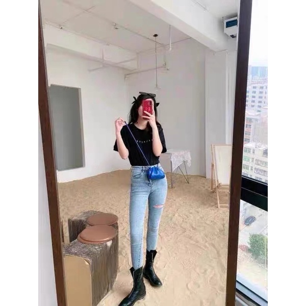 Quần Jean Quảng Châu Nữ Rách Đùi Co Dãn Lưng Cao