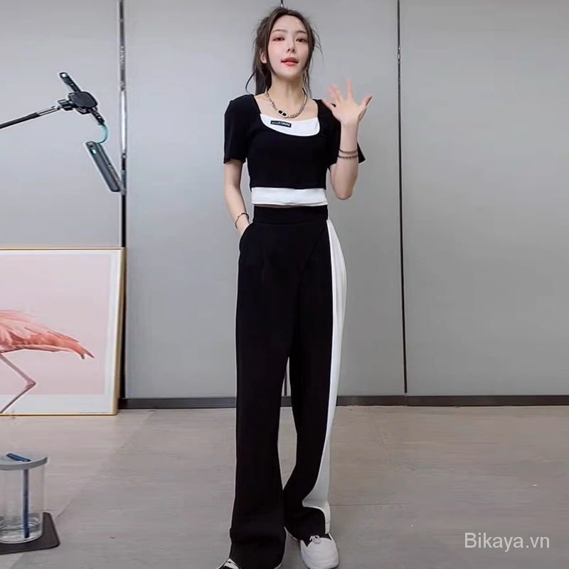 Summer Suit Female Fake Two-Piece Patchwork Short Sleeve Top+Black and White Patchwork Casual Wide-Leg Pants Fashion Two-Piece Suit