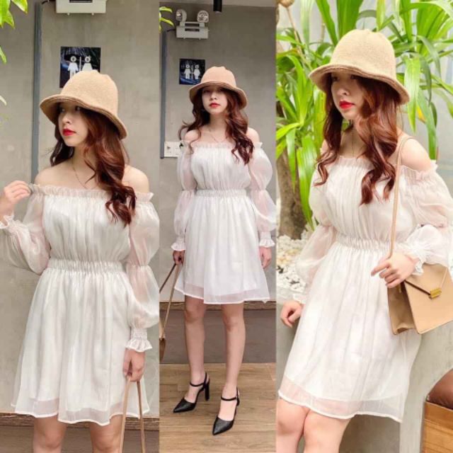 Đầm trắng tay phồng dạo phố siêu xinh dịu dàng Eo Thun Chỉ