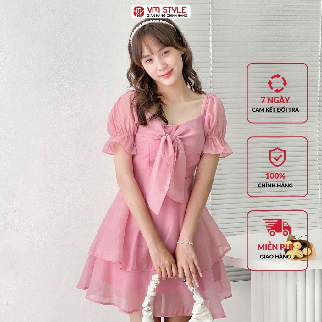 Đầm ngắn voan nữ VMSTYLE xếp tầng nơ ngực tay phồng Y148 22VD02Y012301