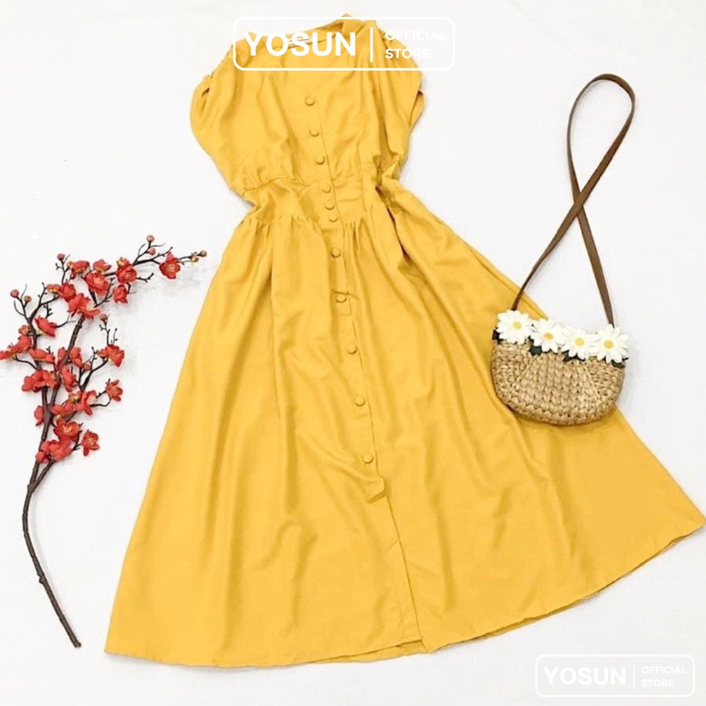 Đầm Dạo Phố Sống Ảo Dáng Dài Nút Trước Bo Eo Sang Chảnh, Đầm Cổ V Tay Ngắn Trẻ Trung Năng Động 3 Màu