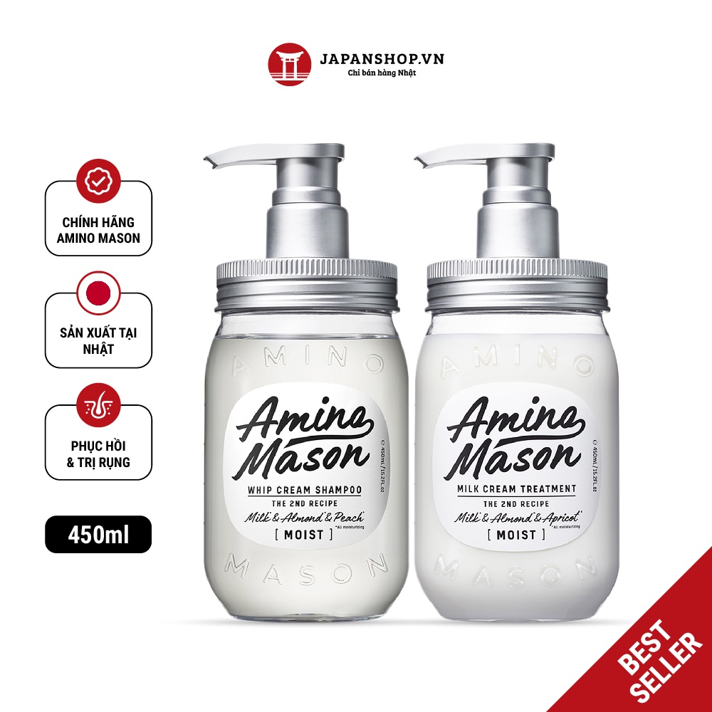 Combo dầu gội xả thiên nhiên phục hồi hư tổn cho tóc khô, dưỡng ẩm Amino Mason 2nd Moist made in Japan