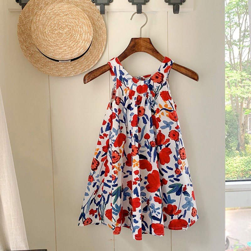 Se7en Đầm Công Chúa Mùa Hè Hai Dây Eo Phồng In Họa Tiết Hoa Phong Cách Hàn Quốc Cho Bé Gái