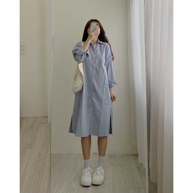 Váy sơ mi thô oversize dáng dài xẻ tà 264