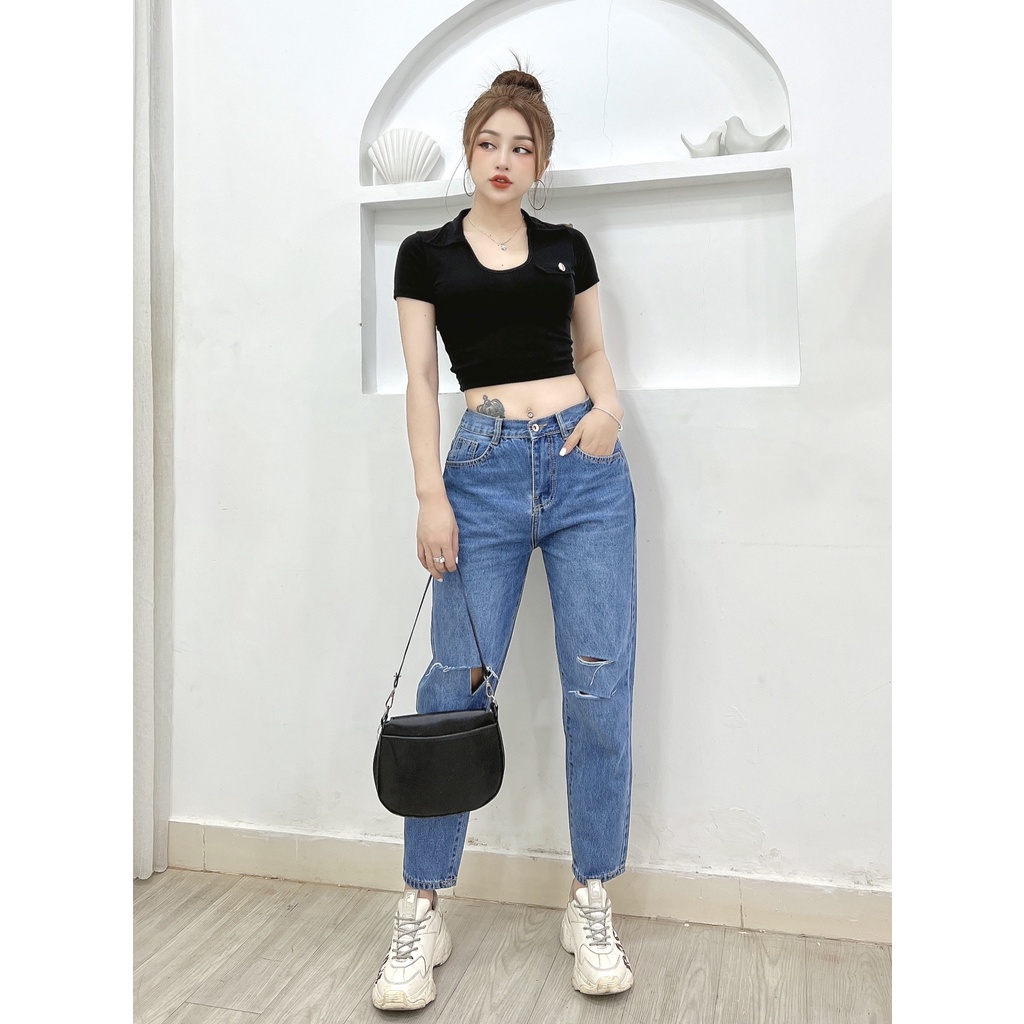 Quần jeans baggy ống suông nữ CRAZYTEEN rách cá tính K0304
