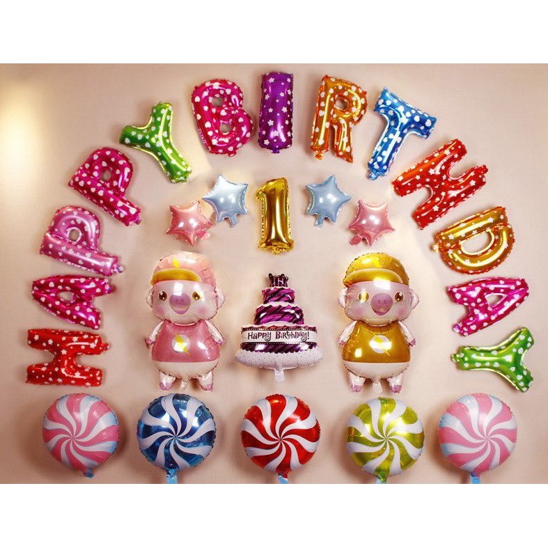 Combo Trang Trí Sinh Nhật Bóng Chữ Happy Birthday Năm Heo Kèm Bơm, Băng Dính Phụ Kiện