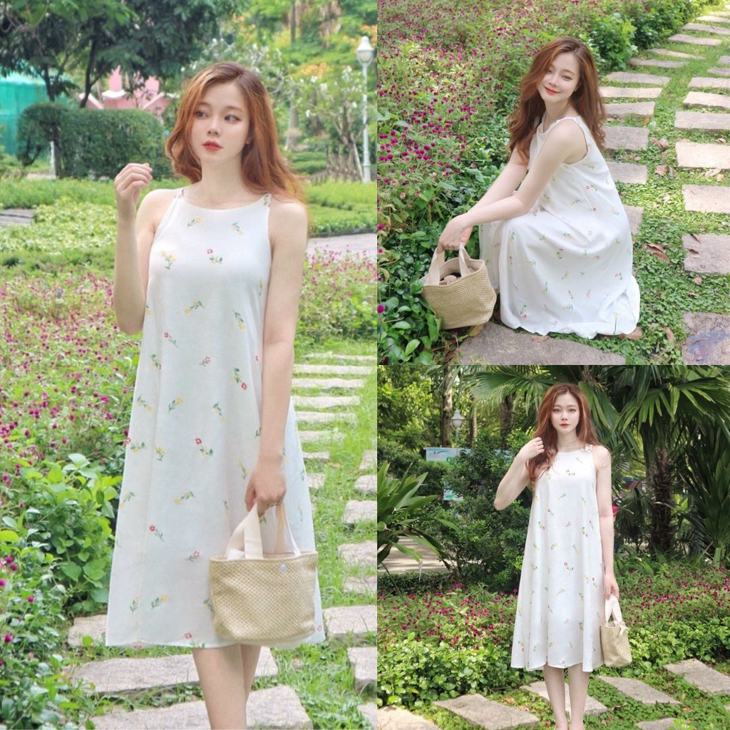 Đầm yếm dáng suông dài qua gối, Đầm maxi form rộng Cao Cấp trắng in hoa nhí, sát nách cổ tròn - MiNhi