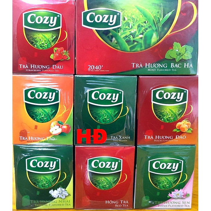 Trà cozy túi lọc nhiều hương vị đào, dâu, nhài, sen, hạc hà, táo, xanh, hồng trà