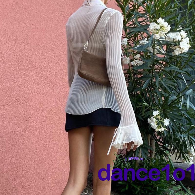 Áo sơ mi tay dài ống loe màu trơn phong cách retro thời trang quyến rũ cho nữ