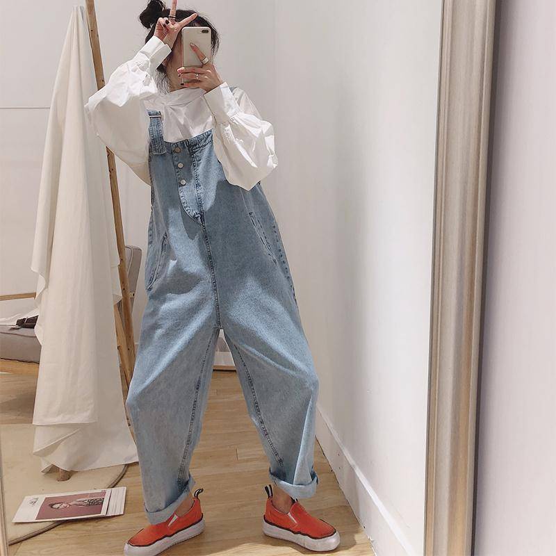 Bộ Áo Liền Quần Denim Hai Dây Dáng Rộng Phong Cách Hàn Quốc Dễ Thương Thời Trang Mùa Thu Cho Học Sinh