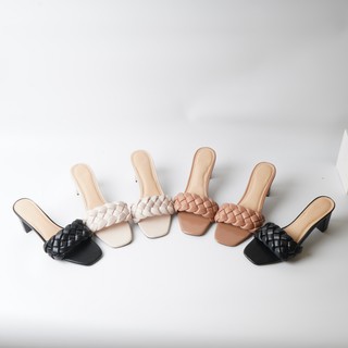 Dép cao gót 5cm quai ngang tết bím hottrend-dép cao gót 5cm mũi vuông quai đan
