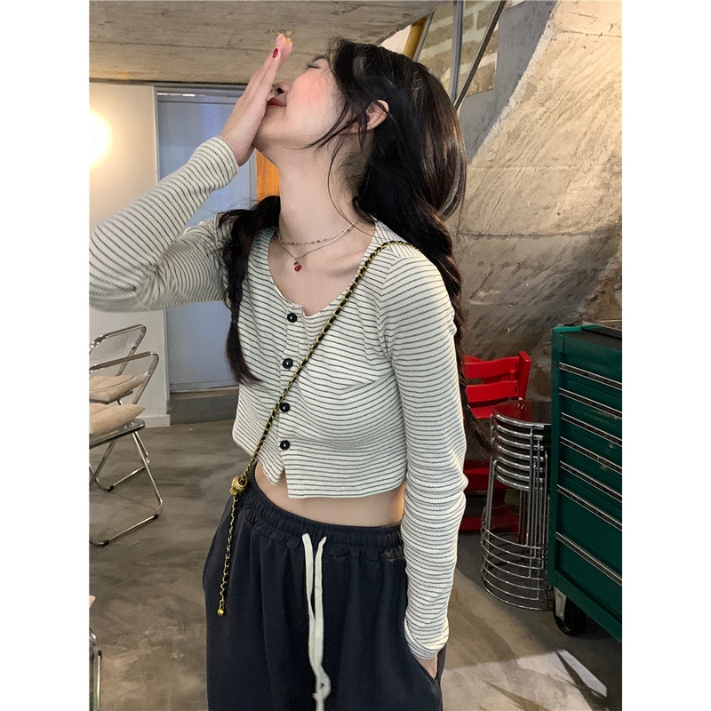 Áo cardigan ZHELIHANGFEI dệt kim tay dài kẻ sọc thiết kế dễ thương