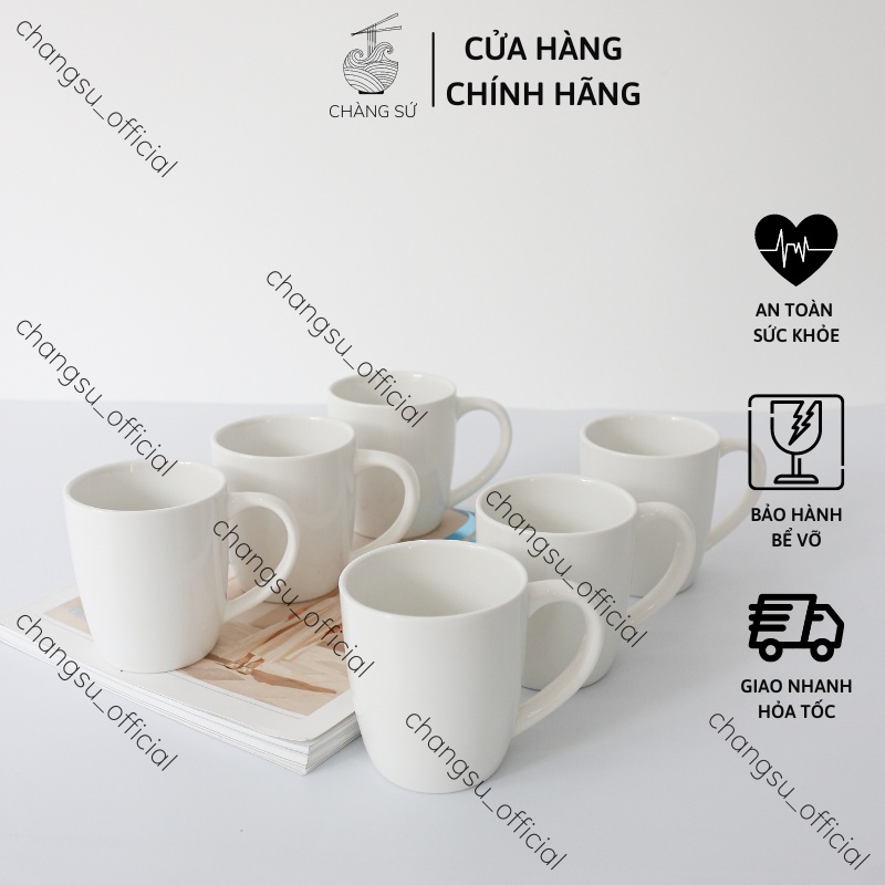 Cốc nước sứ trắng trơn có quai 260ml - Ly sứ có tay cầm cách nhiệt sứ Minh Châu - In theo yêu cầu