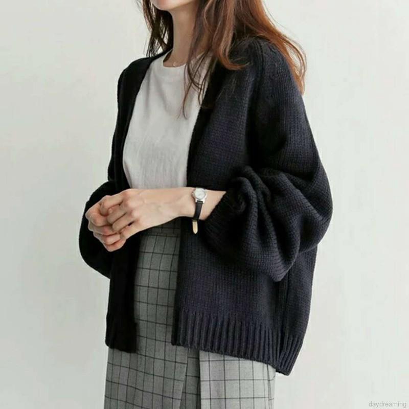 Áo khoác cardigan dệt kim tay dài màu trơn dáng rộng thiết kế thoải mái cho nữ
