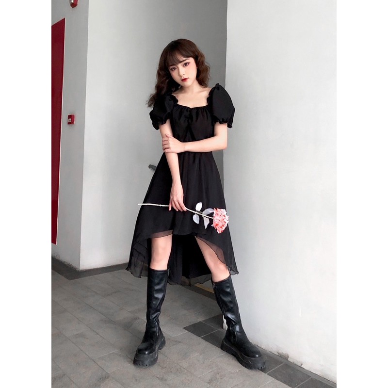 Váy lệch vạt nhún ngực - Rose Đen