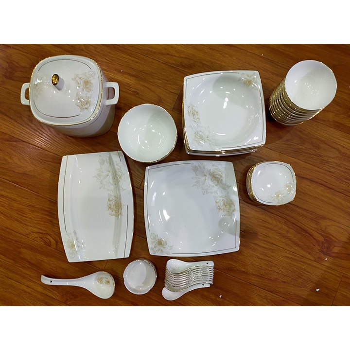 Bộ Bát Đĩa Sứ Xương Trắng Viền Vàng Hoa Hồng 57 Món BD13