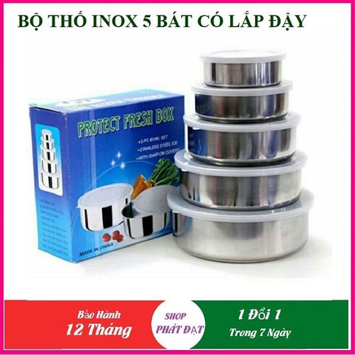 Bộ thố 5 bát inox -Combo 5 bát inox có nắp đậy - Bát inox