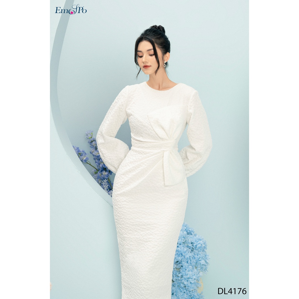 Đầm sốp sần cổ tròn, eo nhún nơ Emspo DL4176