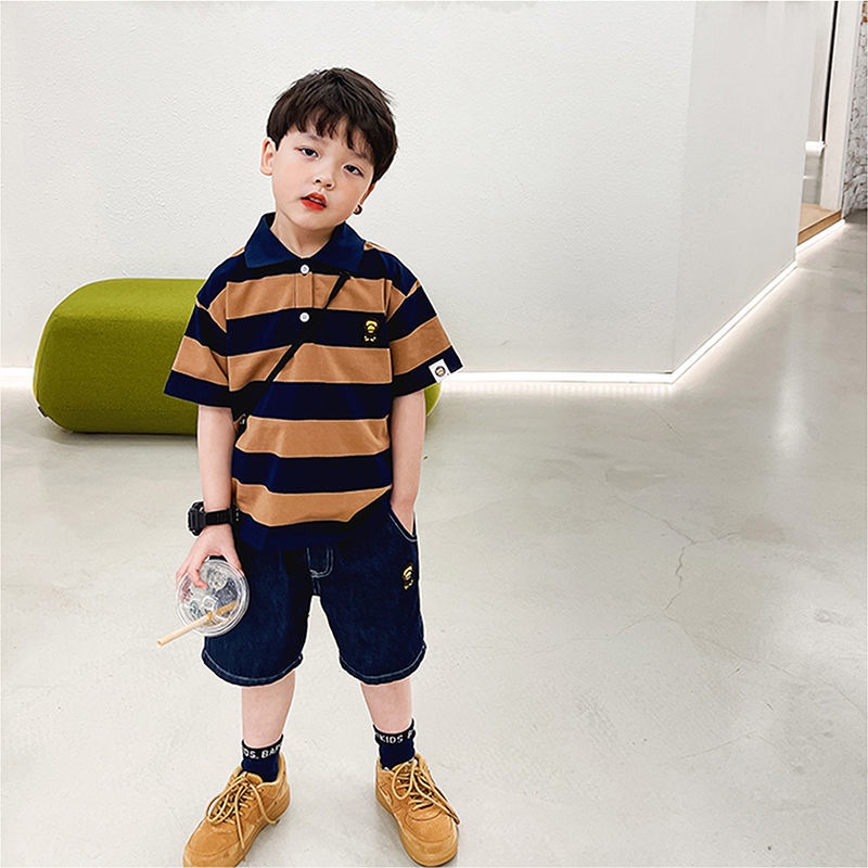 Áo polo Cotton Tay Ngắn Họa Tiết Kẻ Sọc Thời Trang Mùa Hè Nhật Bản Dành Cho Bé Trai