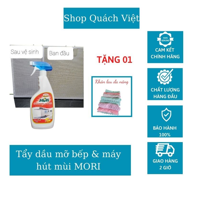 Tẩy dầu mỡ bếp và tẩy dầu mỡ máy hút mùi MORI, tẩy dầu mỡ siêu sạch, chai 620ml