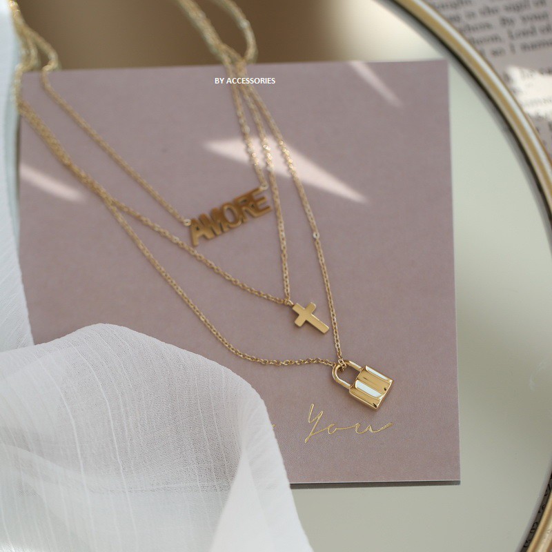 Set dây chuyền titan 3 tầng phối Amore thánh giá ổ khóa không gỉ WN191104