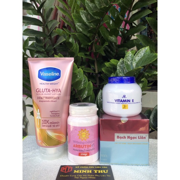 COMBO 4 MÓN Siêu dưỡng trắng. Kem body bạch ngọc liên + vaseline x10 +abutine +dưởng e