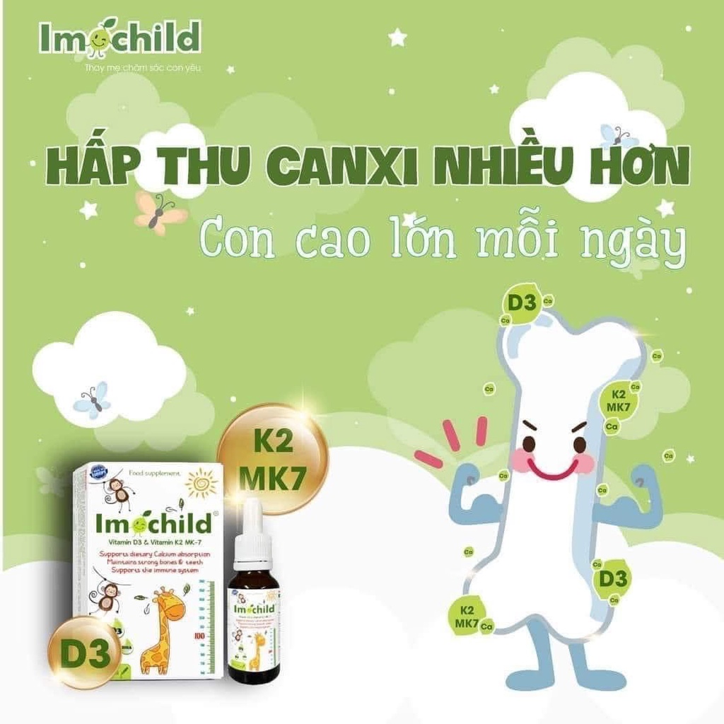 [260K +Tặng quà] Vitamin D3K2 Imochild có DHA hỗ trợ bé phát triển chiều cao, trí não-dùng cho trẻ sơ sinh