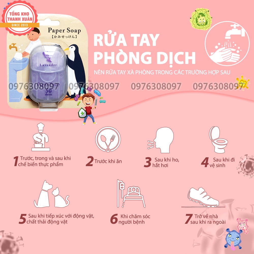 Xà Phòng Giấy Nhật Bản - Hộp 50 Miếng - Rửa Tay, Bỏ Túi Mang Đi Du Lịch, Công Tác, Dã Ngoại