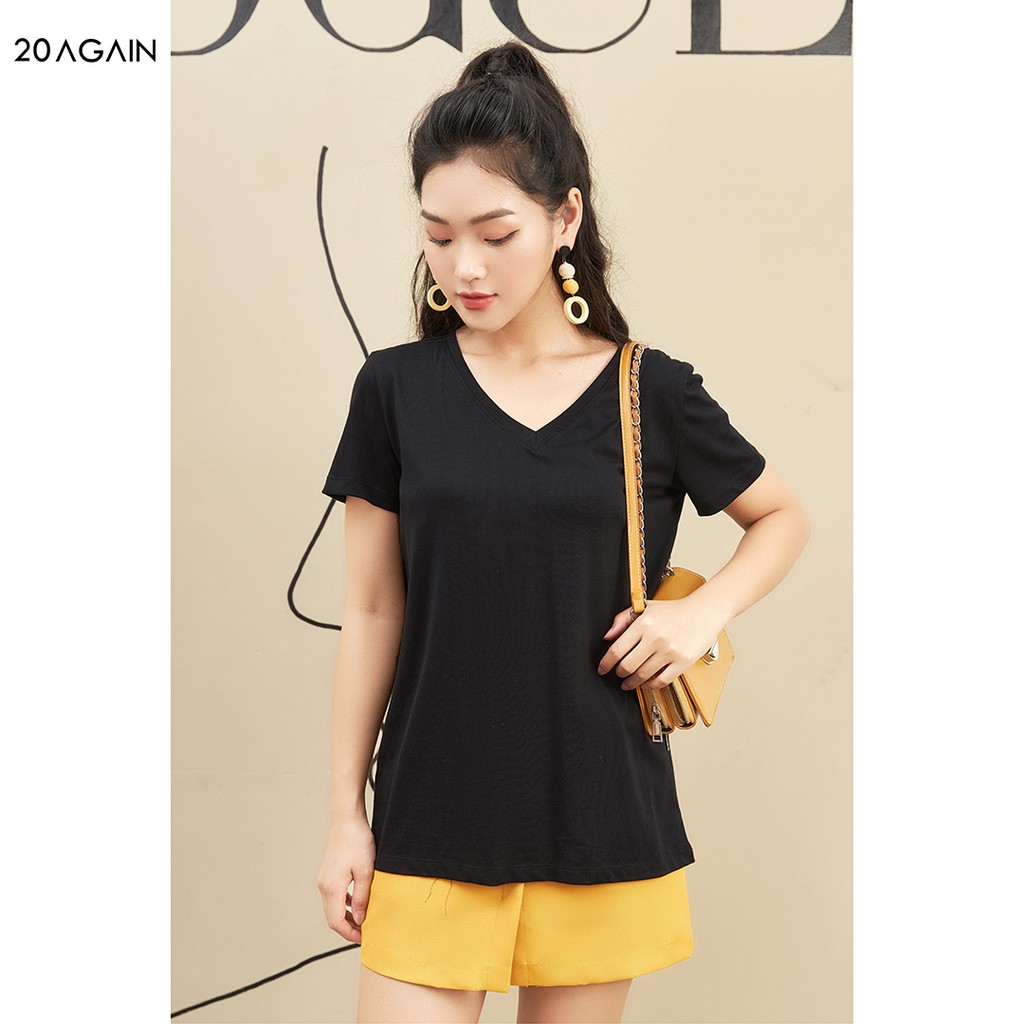 Áo phông nữ ngắn tay cổ tim 20AGAIN, thiết kế trẻ trung, chất cotton ATA2046