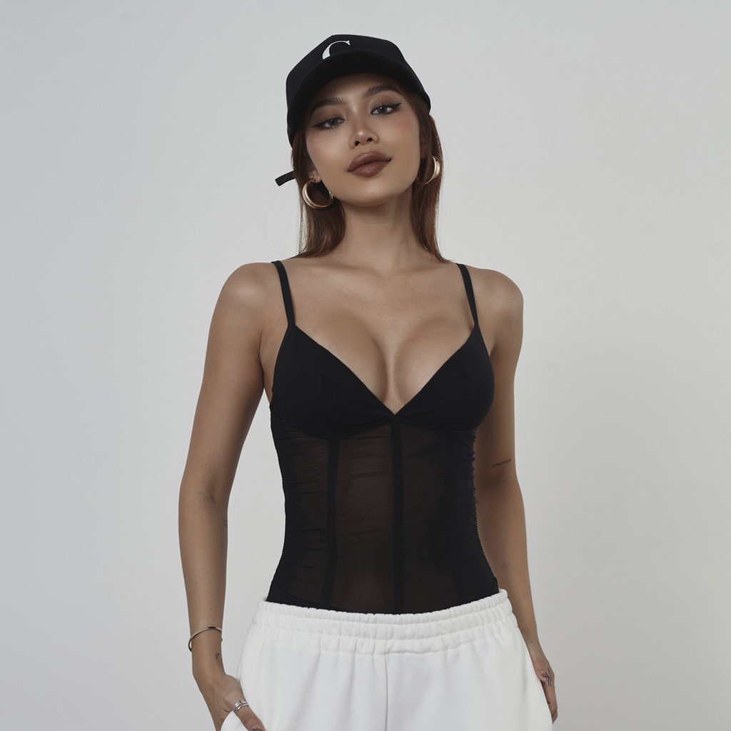 TATICHU - Seam Front Mesh Cami Bodysuit -  Bodysuit lưới 2 dây
