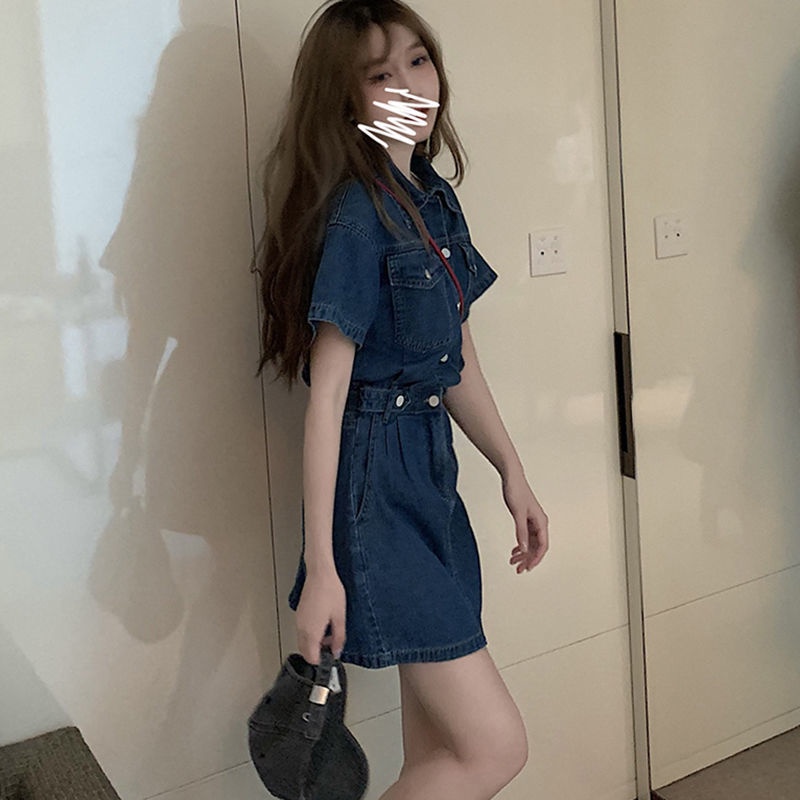 Đầm Denim Tay Ngắn Dáng Chữ A Thời Trang Mùa Hè Phong Cách Retro Cho Nữ