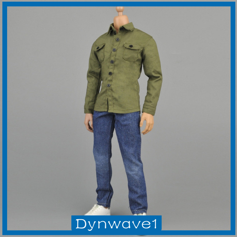 Set 1 / 6 Áo Sơ Mi Tay Dài Màu Xanh Lá + Thắt Lưng + Quần Jeans Xanh Quân Đội Cho Mô Hình 12 "