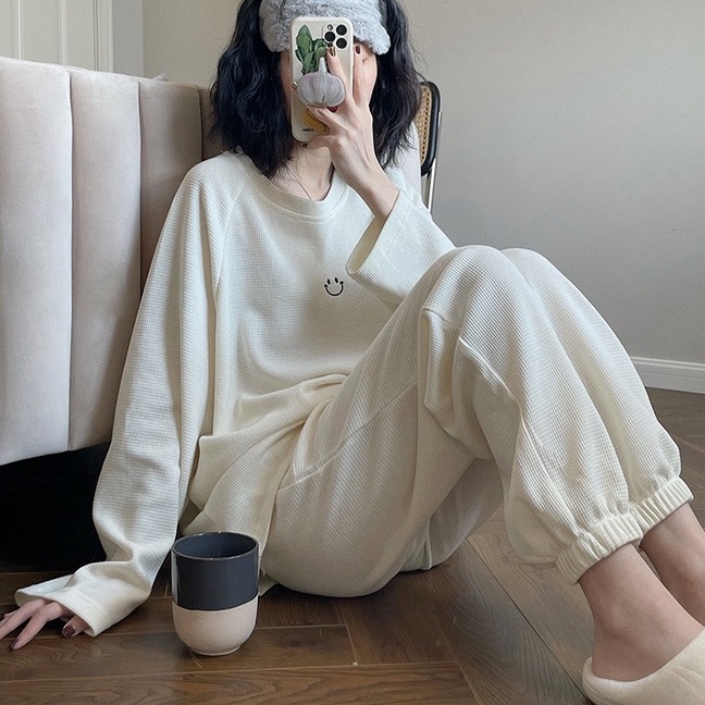 Set bộ tổ ong, set áo sweater Măt Cười cổ tròn phom rộng phối quần dài jogger ống đứng freesize hàn quốc mặc nhà C1108
