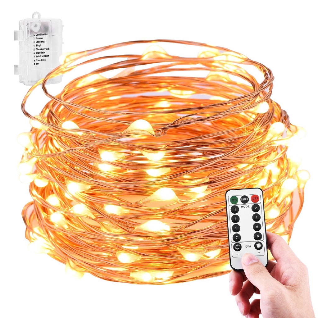 Dây đèn điều khiển từ xa 8 chế độ 33ft 100LEDs bằng đồng tuyệt đẹp kèm phụ kiện trang trí
