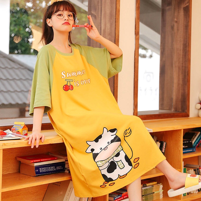 Đầm Ngủ Tay Ngắn Dáng Rộng In Họa Tiết Hoạt Hình Dễ Thương Phong Cách Hàn Quốc Thời Trang Mùa Hè Cho Nữ