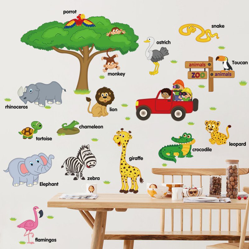 Tranh decal các động vật tiếng anh tranh con vật ngộ nghĩnh trang trí phòng