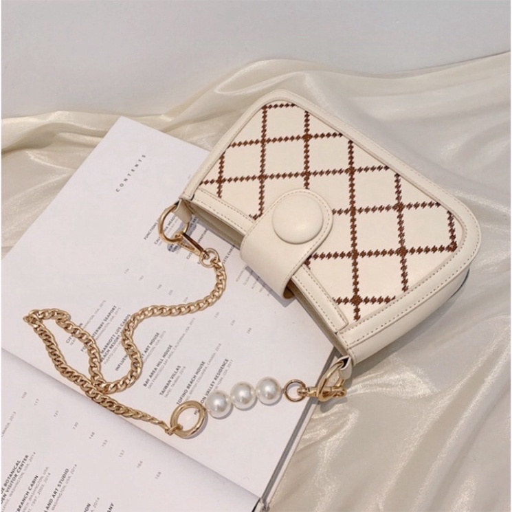 Túi đeo chéo nữ đẹp đi chơi 2 dây và quai xích ngọc trần trám thời trang hàn quốc