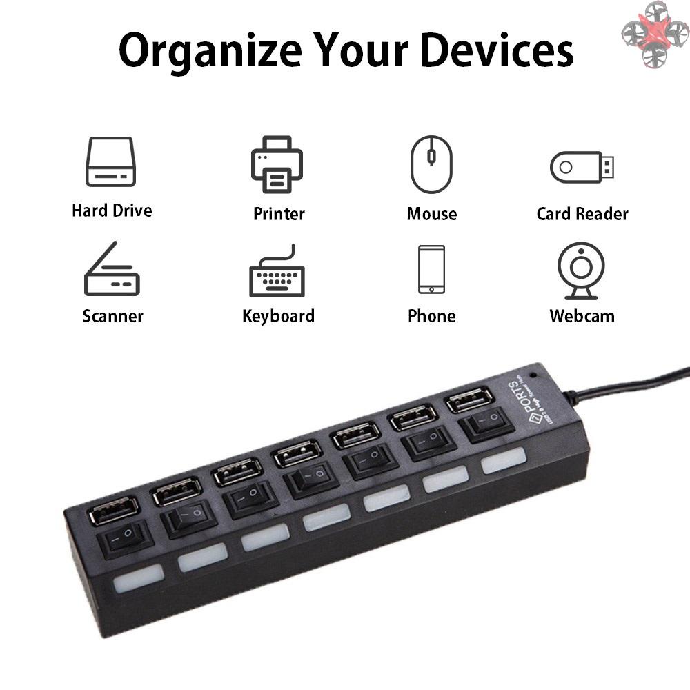 Bộ Hub Chia 7 Cổng USB Có Công Tắc Bật/Tắt Dây Dài Cho Laptop/Máy Tính Để Bàn
