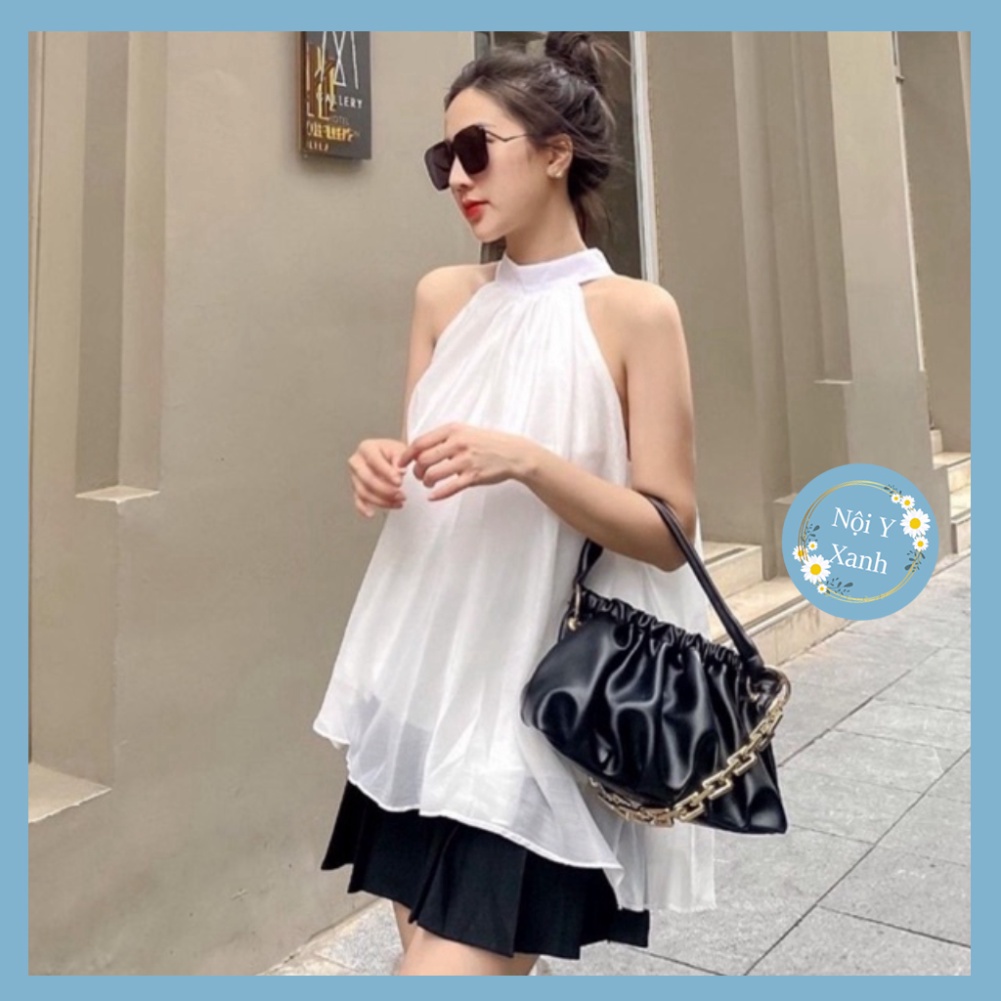 Áo kiểu nữ cổ yếm 2 lớp- Áo hở vai phối dây bản to_013 ulzzang babydoll bánh bèo nội y xanh