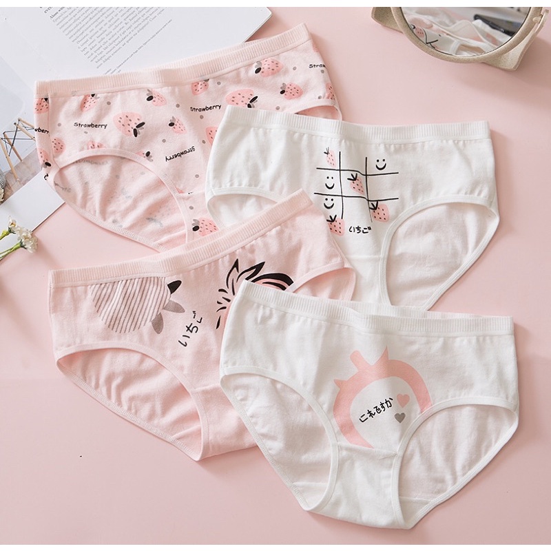 Quần Lót Nữ Cotton Nâng Mông Co Dãn 4 Chiều Hoạ Tiết Dâu Tây Dễ Thương JAENIA