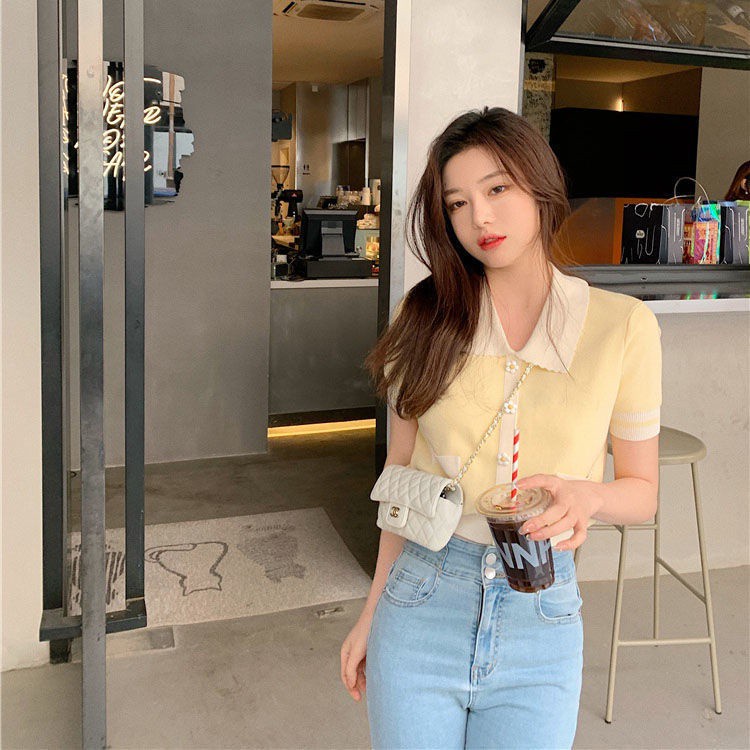 Áo croptop ngắn tay phong cách Hàn Quốc cổ điển cho nữ
