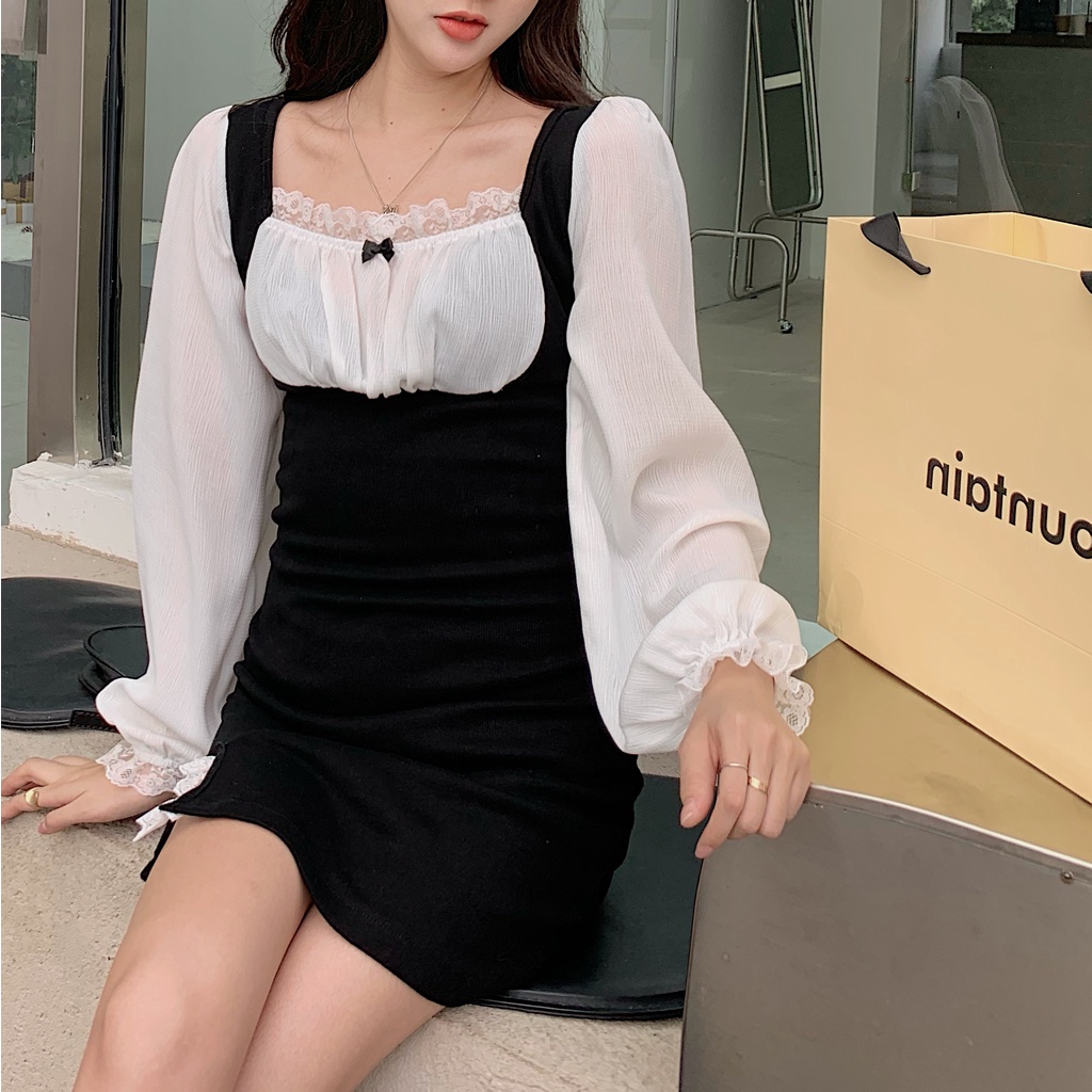 Đầm 2 mảnh dáng ôm xẻ tà tay phồng cổ vuông phối ren tương phản thời trang Pháp cho nữ | BigBuy360 - bigbuy360.vn