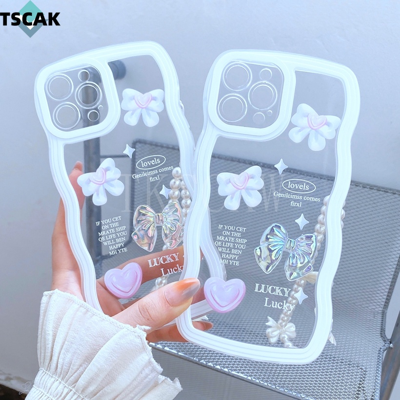 Ốp Điện Thoại Trong Suốt In Họa Tiết Đính Nơ Kèm Dây Đeo Cổ Tay Chống Sốc Cho OPPO R15 R17 A53 A72 A73 Reno 3 4 5 6 7 8 Pro