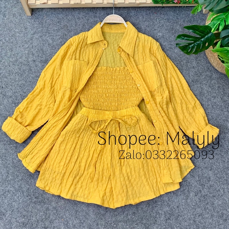 [ HÀNG THIẾT KẾ ] SET SƠ MI BA MÓN KHOÁC + ÁO ỐNG + QUẦN ( ẢNH SHOP CHỤP )