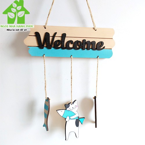 Bảng gỗ decor trang trí SHOP  Mẫu BM_035 WELCOME MÈO ÔM CÁ